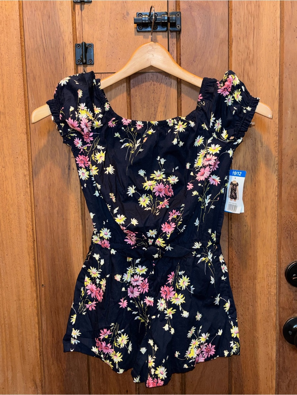 GAP Kids Girls Floral Navy Romper with Pink & Yellow Blooms and Puff Sleeves